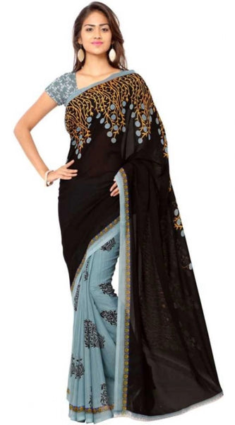 Mayawye Women's Faux Georgette Printed Saree With Unstitched Blouse 5.5Mtr (Brown)