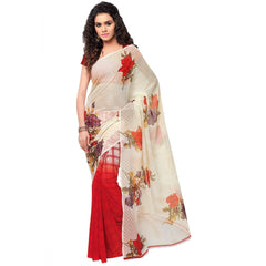 Mayawye Women's Faux Georgette Printed Saree With Unstitched Blouse 5.5Mtr (Red)