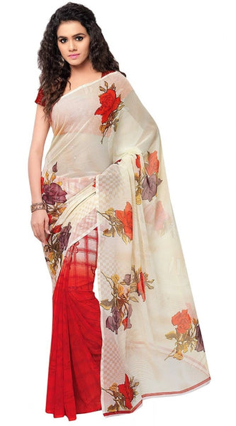 Mayawye Women's Faux Georgette Printed Saree With Unstitched Blouse 5.5Mtr (Red)