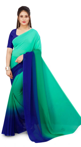 Mayawye Women's Georgette Solid Saree With Unstitched Blouse 5.5Mtr (Turquoise Green)