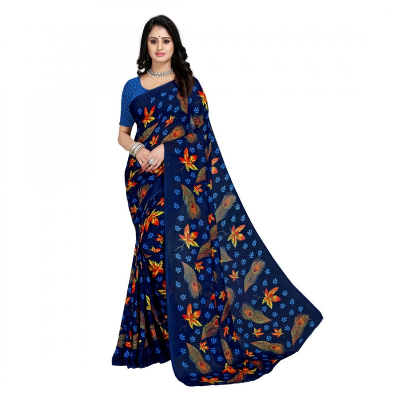 Mayawye Women's Faux Georgette Printed Saree With Unstitched Blouse 5.5Mtr (Blue)