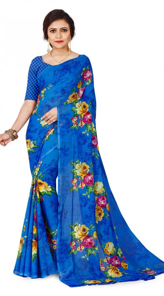 Mayawye Women's Faux Georgette Printed Saree With Unstitched Blouse 5.5Mtr (Blue)