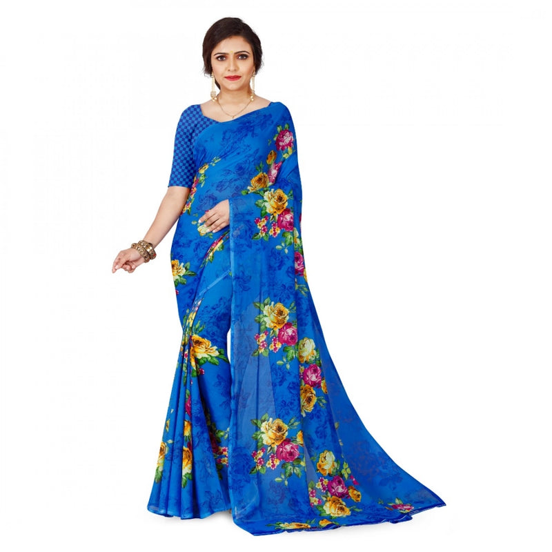 Mayawye Women's Faux Georgette Printed Saree With Unstitched Blouse 5.5Mtr (Blue)