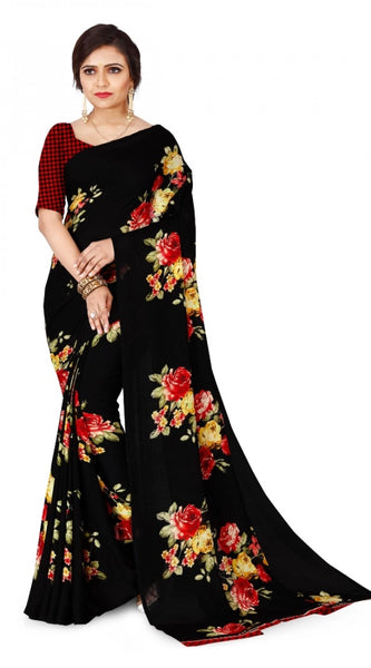 Mayawye Women's Faux Georgette Printed Saree With Unstitched Blouse 5.5Mtr (Black)
