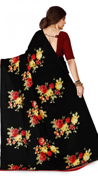 Mayawye Women's Faux Georgette Printed Saree With Unstitched Blouse 5.5Mtr (Black)