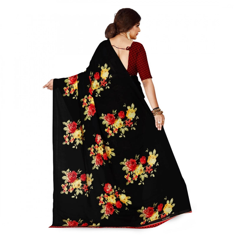 Mayawye Women's Faux Georgette Printed Saree With Unstitched Blouse 5.5Mtr (Black)