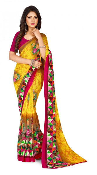 Mayawye Women's Faux Georgette Printed Saree With Unstitched Blouse 5.5Mtr (Yellow)