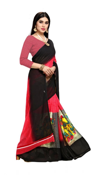 Mayawye Women's Georgette Printed Saree With Unstitched Blouse 5.5Mtr (Pink)
