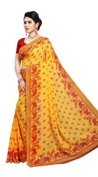 Mayawye Women's Georgette Printed Saree With Unstitched Blouse 5.5Mtr (Red)