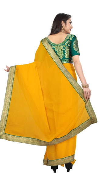 Mayawye Women's Chiifon Saree Printed Saree With Unstitched Blouse 5.5Mtr (Yellow)