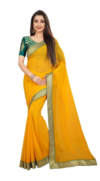 Mayawye Women's Chiifon Saree Printed Saree With Unstitched Blouse 5.5Mtr (Yellow)