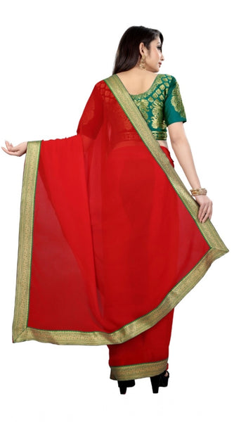 Mayawye Women's Chiifon Saree Printed Saree With Unstitched Blouse 5.5Mtr (Red)