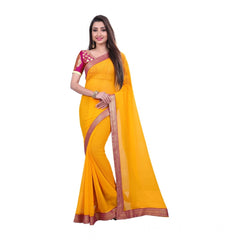 Mayawye Women's Chiifon Saree Printed Saree With Unstitched Blouse 5.5Mtr (Yellow)