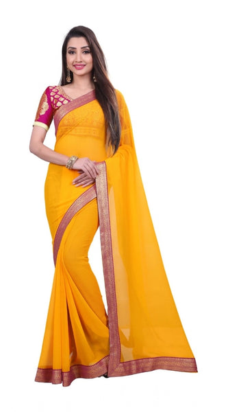 Mayawye Women's Chiifon Saree Printed Saree With Unstitched Blouse 5.5Mtr (Yellow)