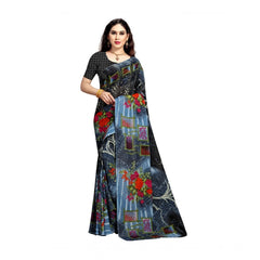 Mayawye Women's Georgette Printed Saree With Unstitched Blouse 5.5Mtr (Blue)