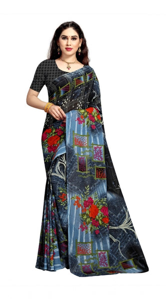 Mayawye Women's Georgette Printed Saree With Unstitched Blouse 5.5Mtr (Blue)