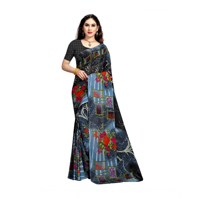 Mayawye Women's Georgette Printed Saree With Unstitched Blouse 5.5Mtr (Blue)