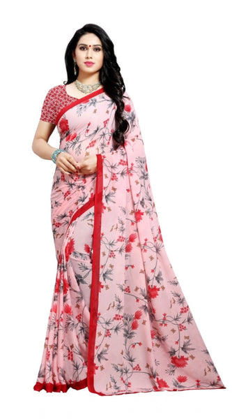 Mayawye Women's Georgette Printed Saree With Unstitched Blouse 5.5Mtr (Peach)