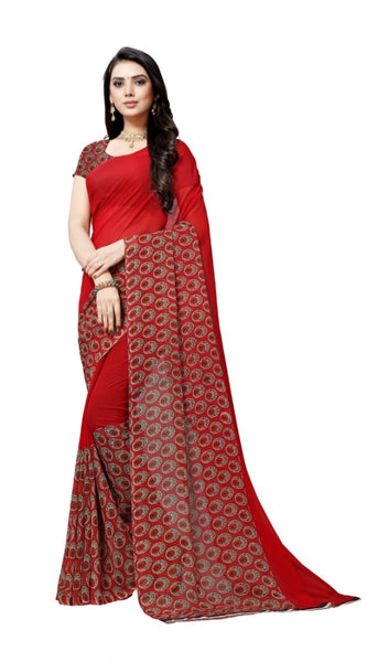 Mayawye Women's Georgette Printed Saree With Unstitched Blouse 5.5Mtr (Red)