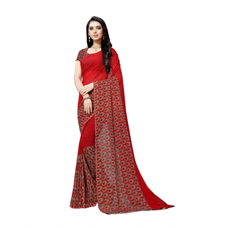 Mayawye Women's Georgette Printed Saree With Unstitched Blouse 5.5Mtr (Red)