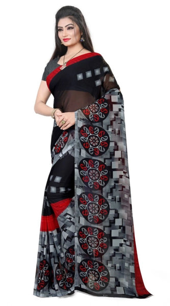 Mayawye Women's Georgette Printed Saree With Unstitched Blouse 5.5Mtr (Black)