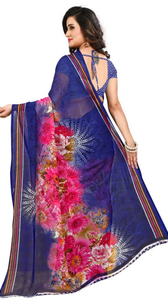 Mayawye Women's Georgette Printed Saree With Unstitched Blouse 5.5Mtr (Blue)