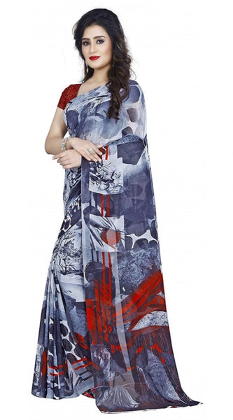 Mayawye Women's Faux Georgette Printed Saree With Unstitched Blouse 5.5Mtr (Black)