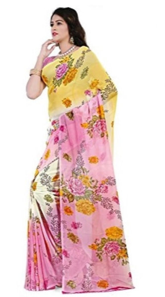 Mayawye Women's Faux Georgette Printed Saree With Unstitched Blouse 5.5Mtr (Pink)