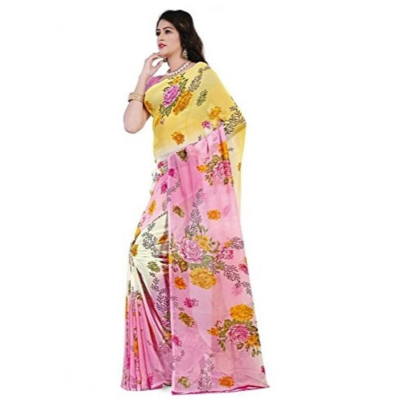 Mayawye Women's Faux Georgette Printed Saree With Unstitched Blouse 5.5Mtr (Pink)