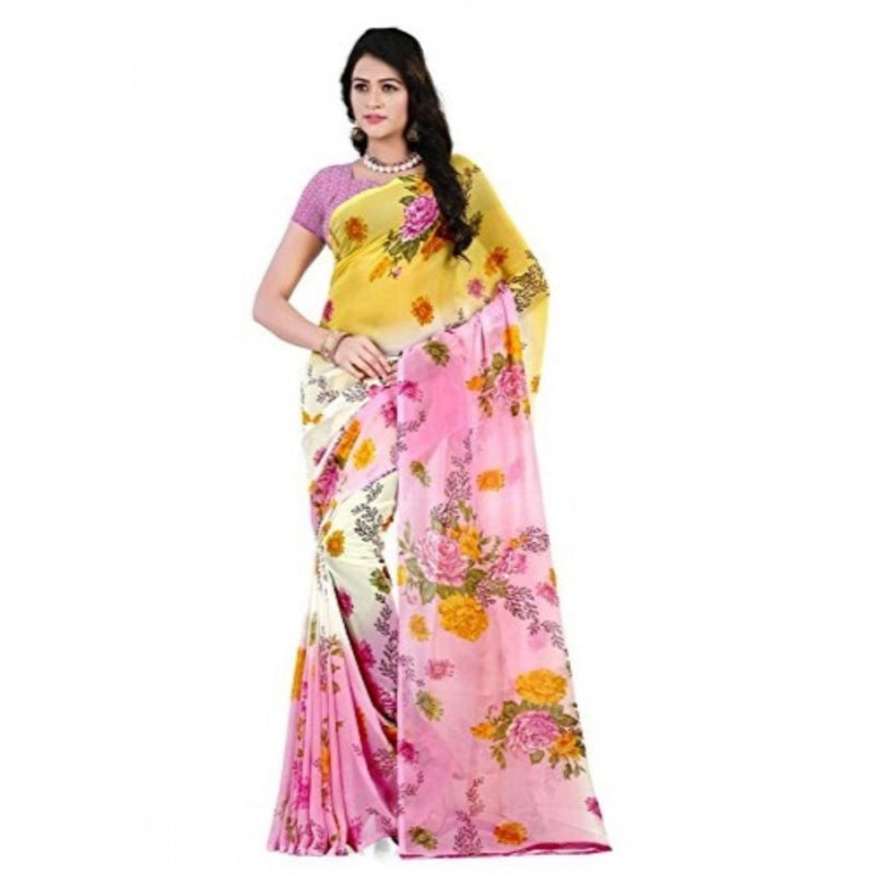 Mayawye Women's Faux Georgette Printed Saree With Unstitched Blouse 5.5Mtr (Pink)