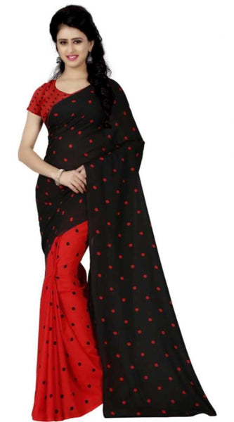 Mayawye Women's Faux Georgette Printed Saree With Unstitched Blouse 5.5Mtr (Red black)
