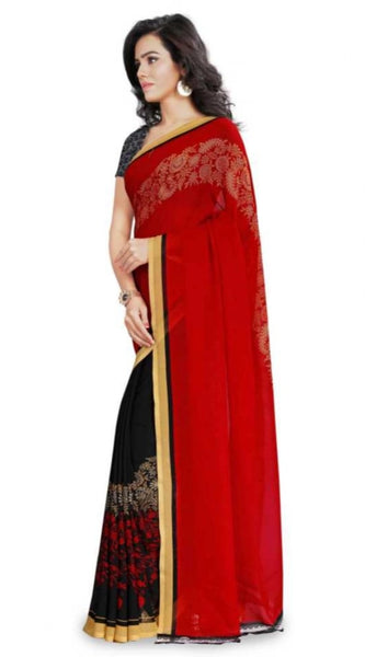 Mayawye Women's Faux Georgette Printed Saree With Unstitched Blouse 5.5Mtr (Red)
