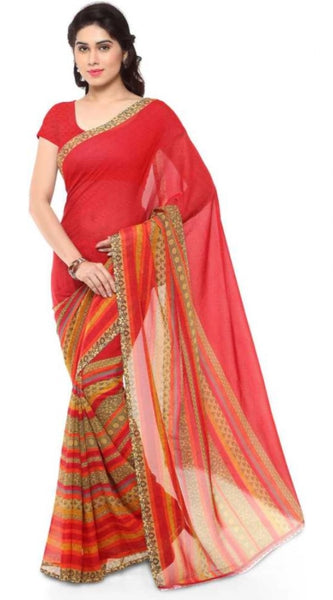 Mayawye Women's Faux Georgette Printed Saree With Unstitched Blouse 5.5Mtr (Red)