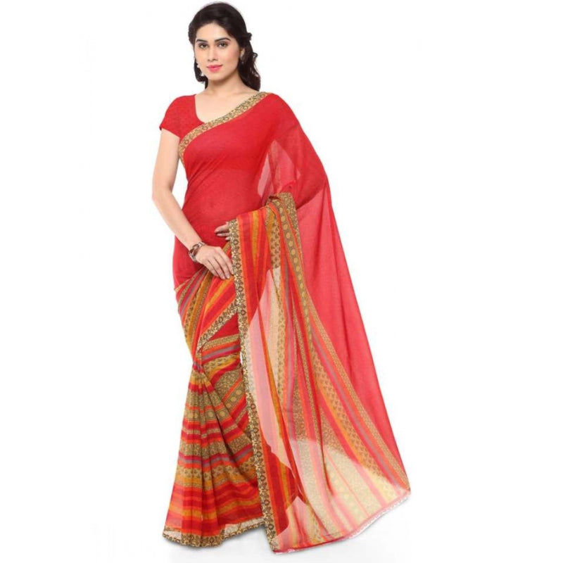 Mayawye Women's Faux Georgette Printed Saree With Unstitched Blouse 5.5Mtr (Red)