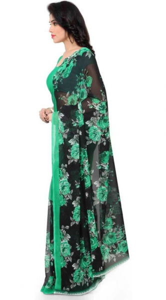 Mayawye Women's Faux Georgette Printed Saree With Unstitched Blouse 5.5Mtr (Green)