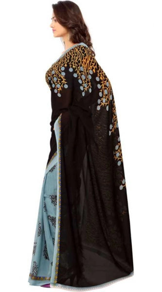 Mayawye Women's Faux Georgette Printed Saree With Unstitched Blouse 5.5Mtr (Brown)