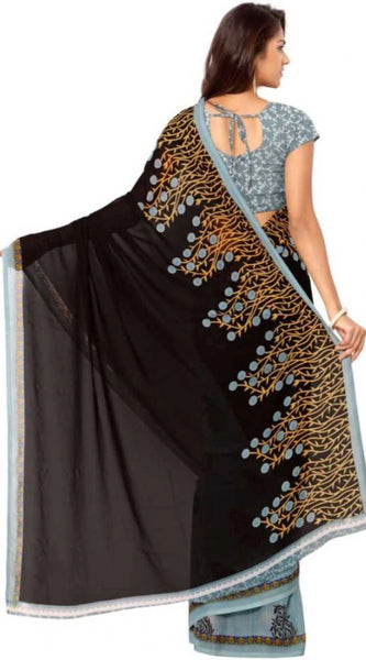 Mayawye Women's Faux Georgette Printed Saree With Unstitched Blouse 5.5Mtr (Brown)
