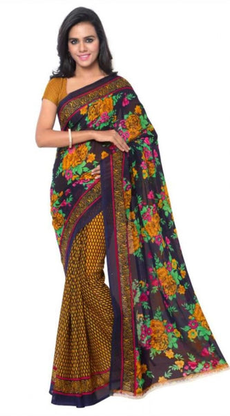 Mayawye Women's Faux Georgette Printed Saree With Unstitched Blouse 5.5Mtr (Gold)
