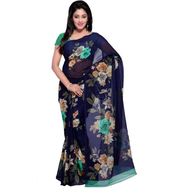 Mayawye Women's Faux Georgette Printed Saree With Unstitched Blouse 5.5Mtr (Blue)