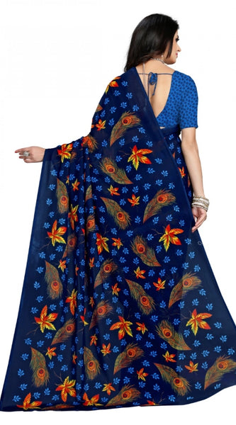 Mayawye Women's Faux Georgette Printed Saree With Unstitched Blouse 5.5Mtr (Blue)