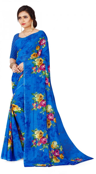 Mayawye Women's Faux Georgette Printed Saree With Unstitched Blouse 5.5Mtr (Blue)