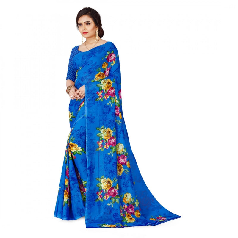 Mayawye Women's Faux Georgette Printed Saree With Unstitched Blouse 5.5Mtr (Blue)