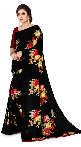 Mayawye Women's Faux Georgette Printed Saree With Unstitched Blouse 5.5Mtr (Black)