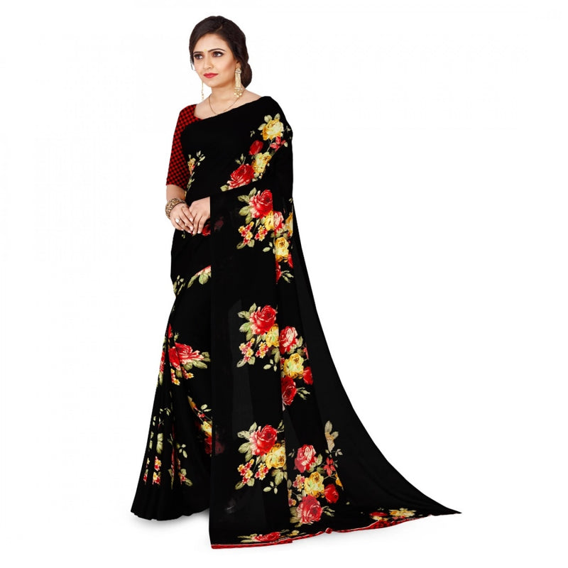 Mayawye Women's Faux Georgette Printed Saree With Unstitched Blouse 5.5Mtr (Black)