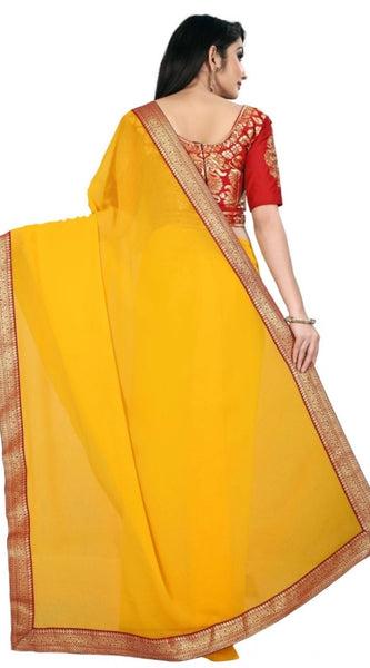 Mayawye Women's Chiifon Saree Printed Saree With Unstitched Blouse 5.5Mtr (Yellow)