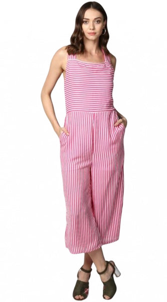 Mayawye Women's Polyester Striped Sleeveless Jumpsuit (Pink)