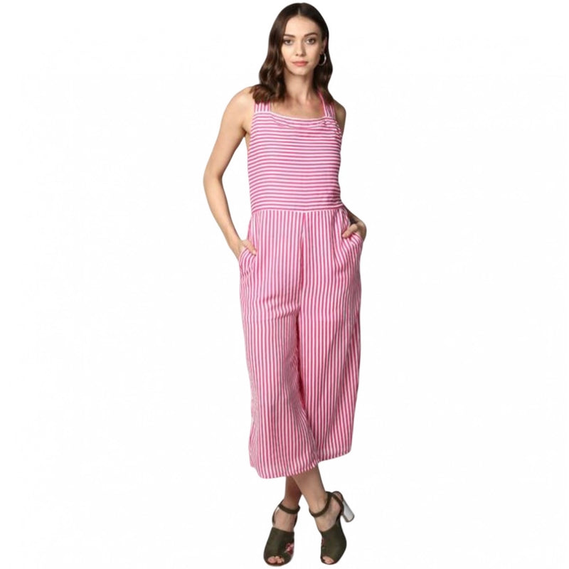 Mayawye Women's Polyester Striped Sleeveless Jumpsuit (Pink)