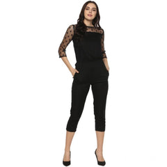 Mayawye Women's Polyester Self Design 3/4th Sleeve Jumpsuit (Black)
