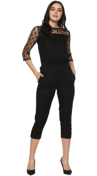 Mayawye Women's Polyester Self Design 3/4th Sleeve Jumpsuit (Black)