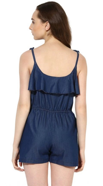 Mayawye Women's Denim Ruffled Shoulder Straps Jumpsuit (Blue)